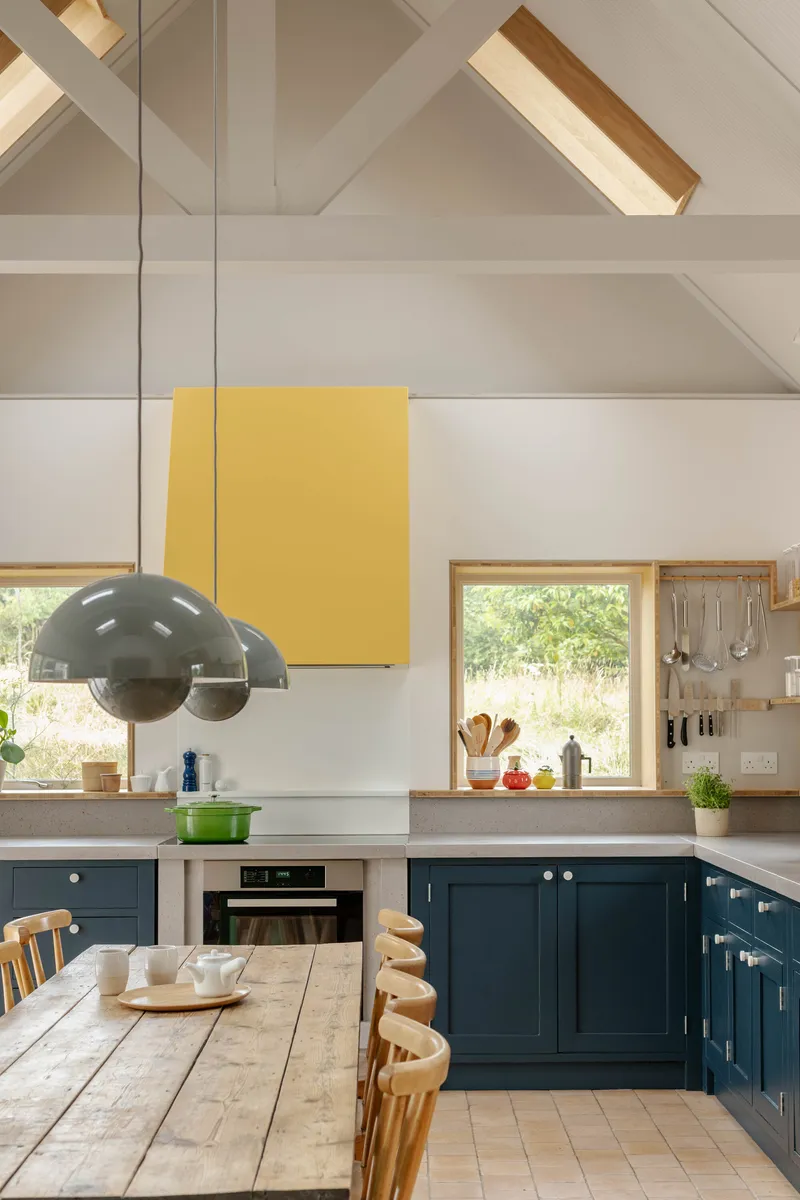 Vaulted kitchen ceiling with skylight and yellow wall-mounted cabinet above timber dining table
