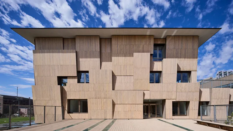 Front elevation showing irregular timber panel composition with scattered windows against a blue sky