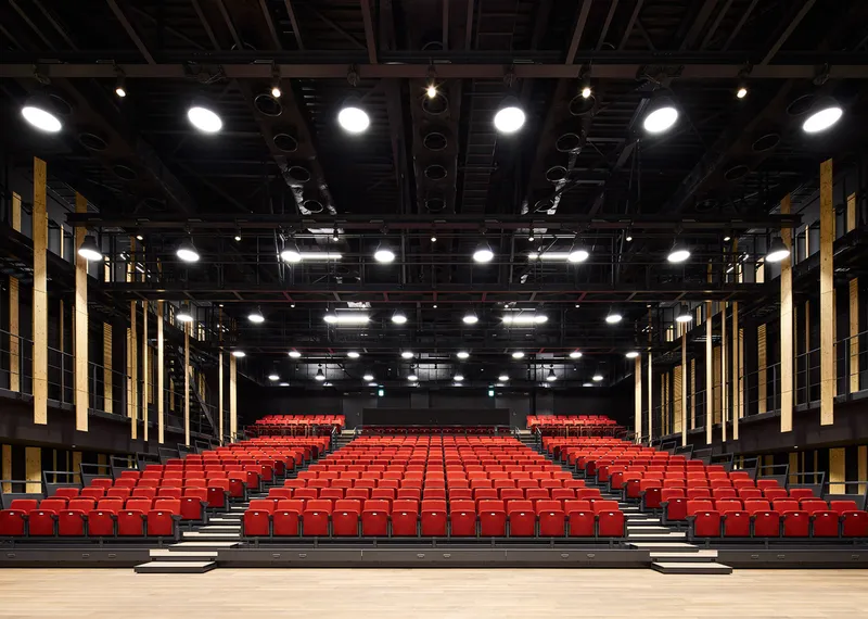 Stage view of auditorium showing symmetric rows of red seats and timber acoustic panels along both walls