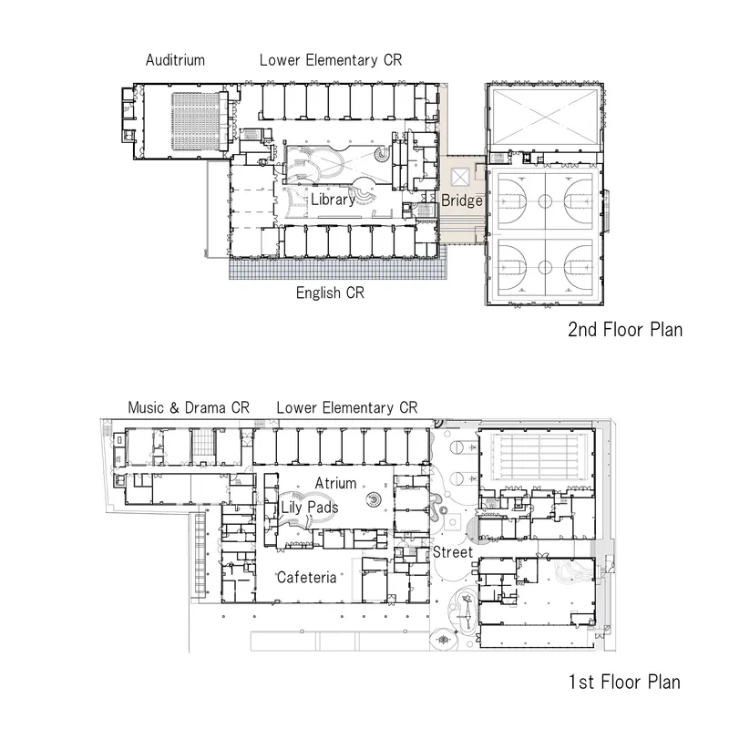 First and second floor plan drawings showing library, auditorium, classrooms and athletic courts