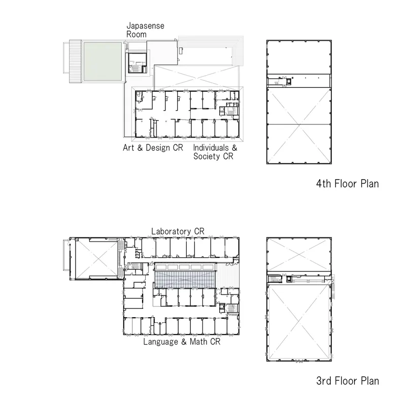 Third and fourth floor plan drawings showing classrooms, laboratories and a Japanese-style room