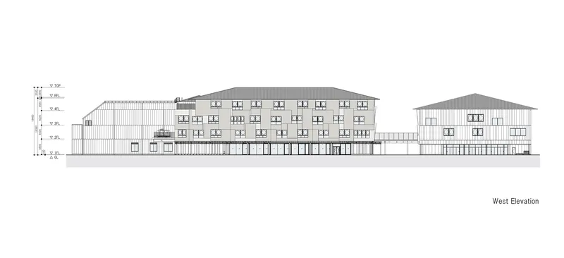 West elevation drawing showing two buildings with gabled roofs and vertical cladding