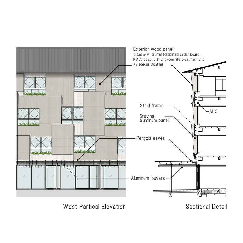 Partial west elevation and sectional detail drawing showing window bays, pergolas and material assemblies
