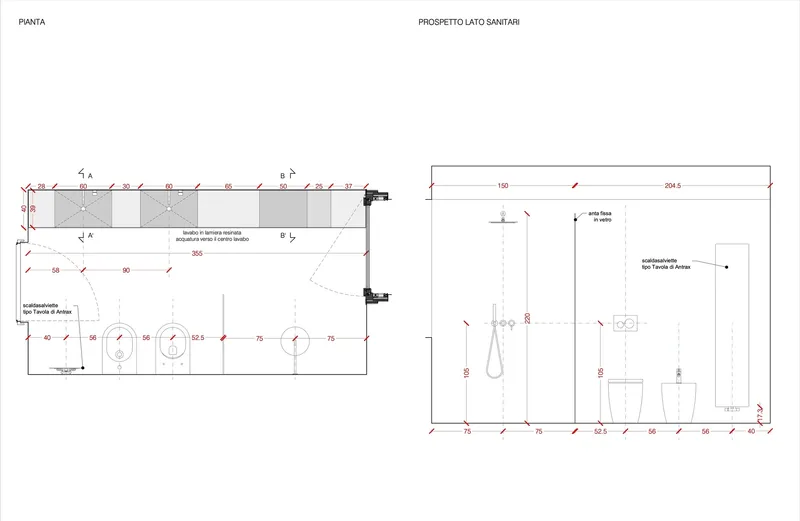 Floor plan and elevation drawing of a bathroom layout showing sink fixtures and wall-mounted elements