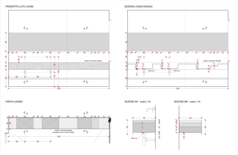 Sectional and plan drawings of a sink counter with multiple views showing dimensions and construction details