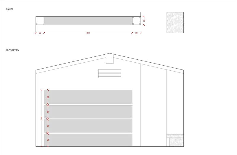 Plan and elevation drawings showing gabled structure with horizontal banded wall and ventilation grille