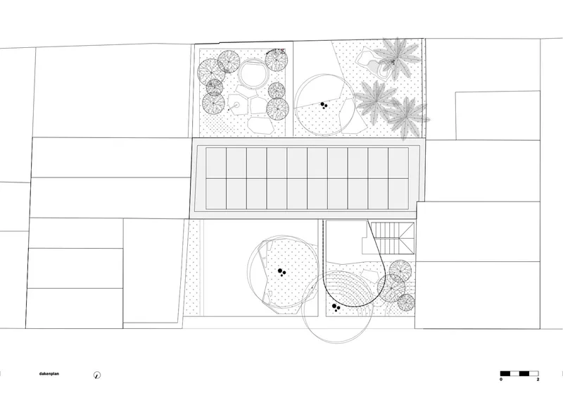 Site plan drawing showing a central pool with circular courtyard gardens and planted trees