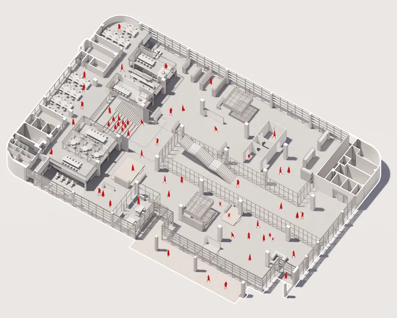 Axonometric drawing showing open office floors with workstations and red figures indicating circulation patterns