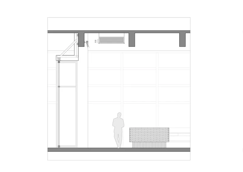 Section drawing showing ceiling detail with exposed beams and a figure standing near a reception desk