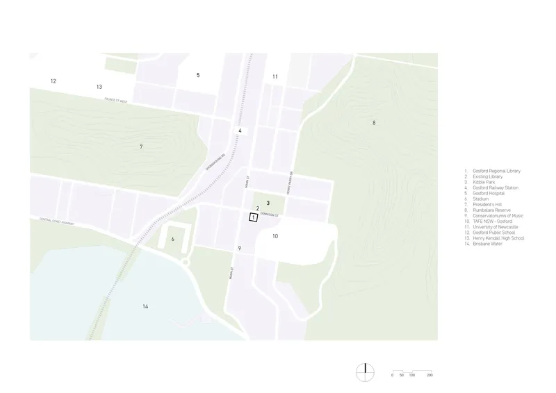 Site plan drawing showing the library building among surrounding landscape contours and adjacent structures