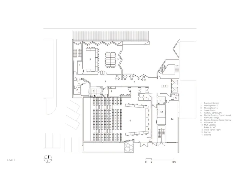 Floor plan drawing showing a large assembly hall with seating rows and adjacent meeting rooms