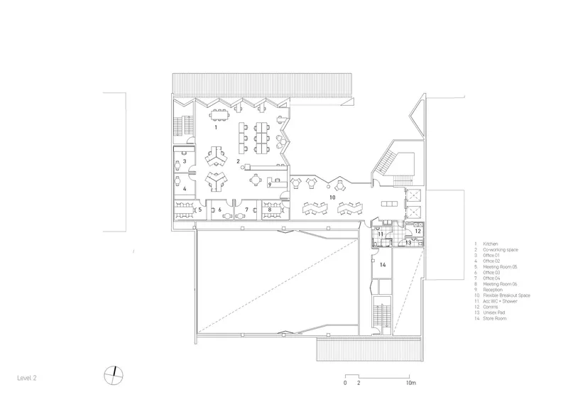 Upper level floor plan drawing with office spaces and a large open room with diagonal hatching