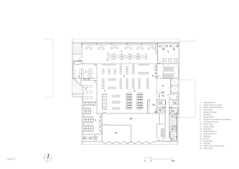 Floor plan drawing displaying a reading room with shelving rows and surrounding study areas