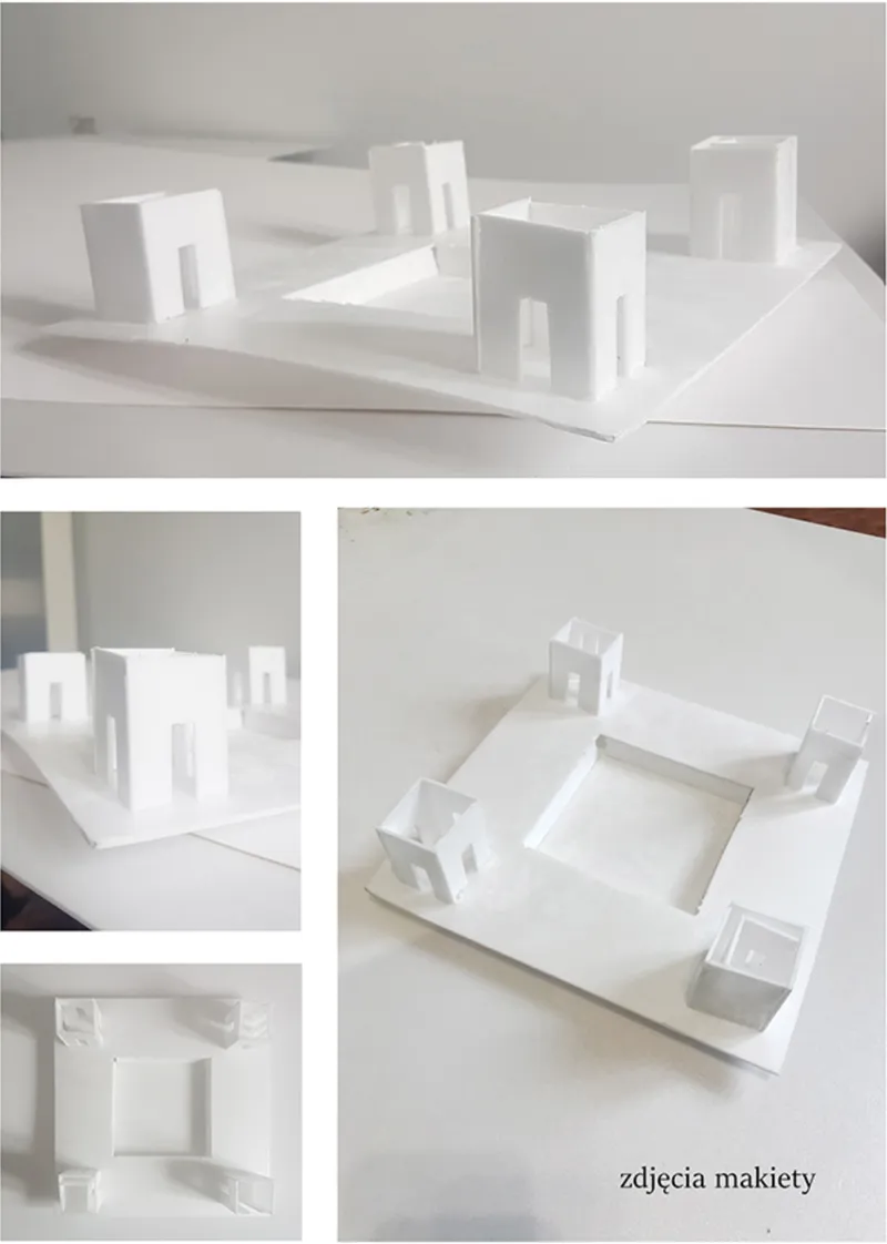 Monolithic volumes arranged around a central void, expressing clarity, balance, and spatial hierarchy.
