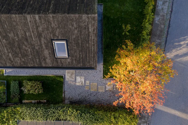 Top-down view of the gravel courtyard with skylight, stepping stones and autumn tree beside the street