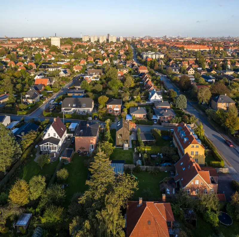 Aerial view of a suburban neighborhood with pitched-roof houses and tree-lined streets in morning light