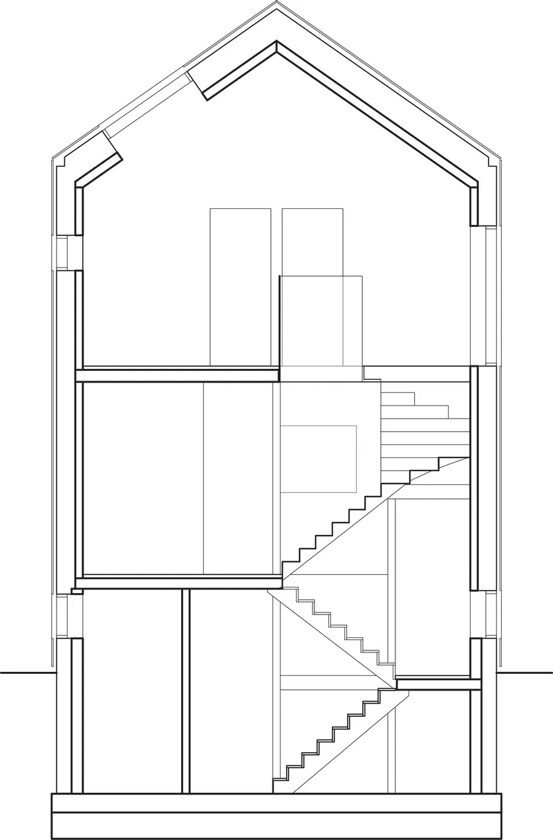 Section drawing revealing four levels connected by a central staircase within the pitched volume