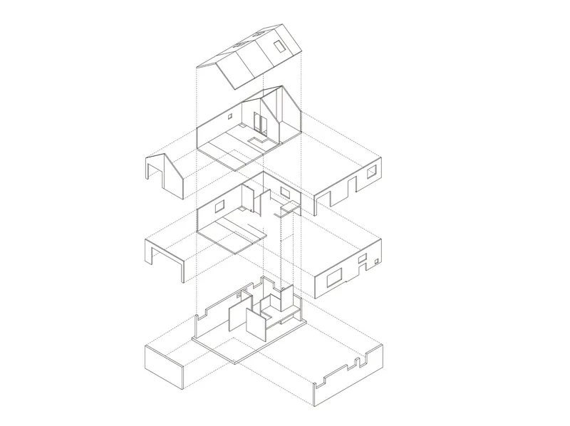 Exploded axonometric drawing showing stacked floor plates with interior rooms and stair connections