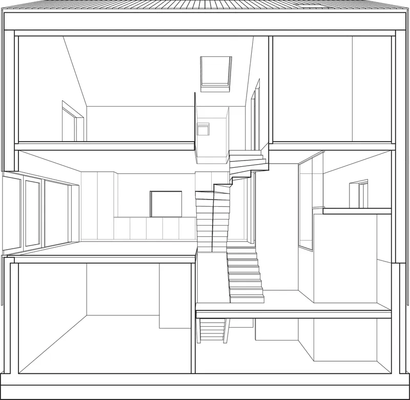 Section drawing depicting split-level interior spaces organized around a central staircase