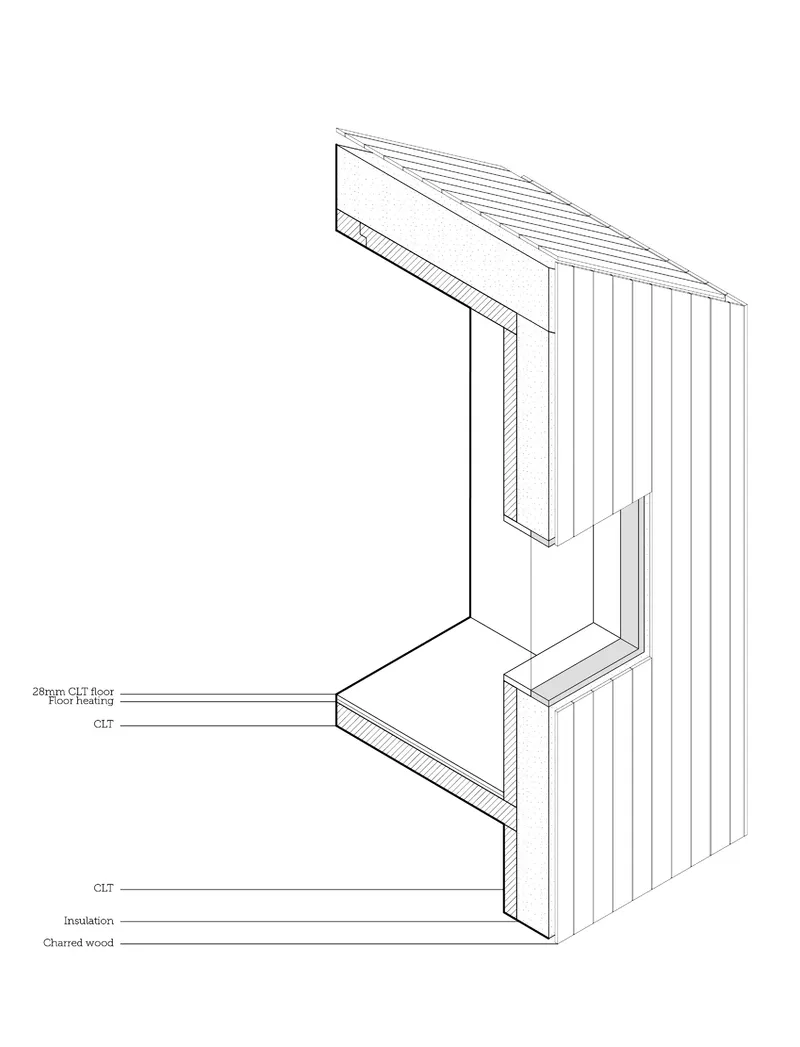 Detail drawing of a facade corner showing vertical cladding and floor assembly layers