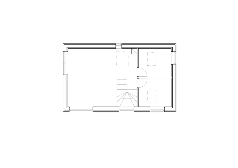 Upper floor plan drawing with central staircase and two rooms on the right