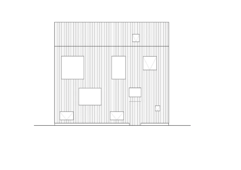 Front elevation drawing showing vertical cladding and asymmetric window openings