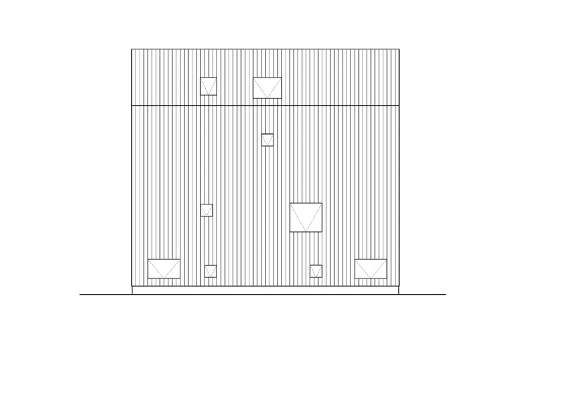 Rear elevation drawing with vertical cladding and scattered window and door openings