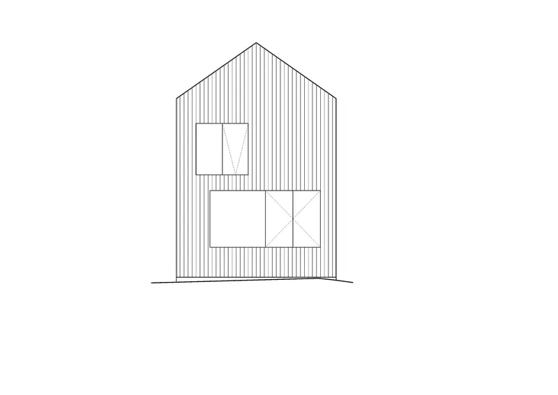 Elevation drawing of a gabled facade with vertical cladding and two window openings