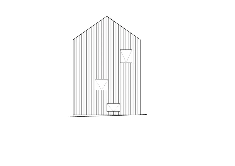 Elevation drawing showing a gabled facade with three vertically staggered window openings