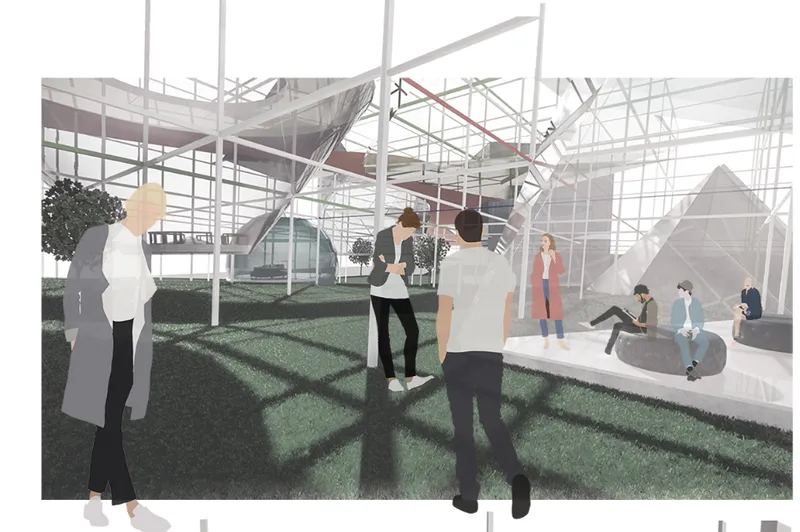 Adaptive architecture school exterior with modular learning volumes connected through a dynamic circulation spine