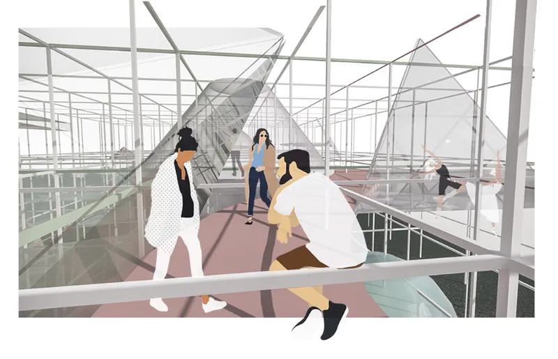 Open learning landscape showcasing flexible educational spaces within a transparent structural grid system
