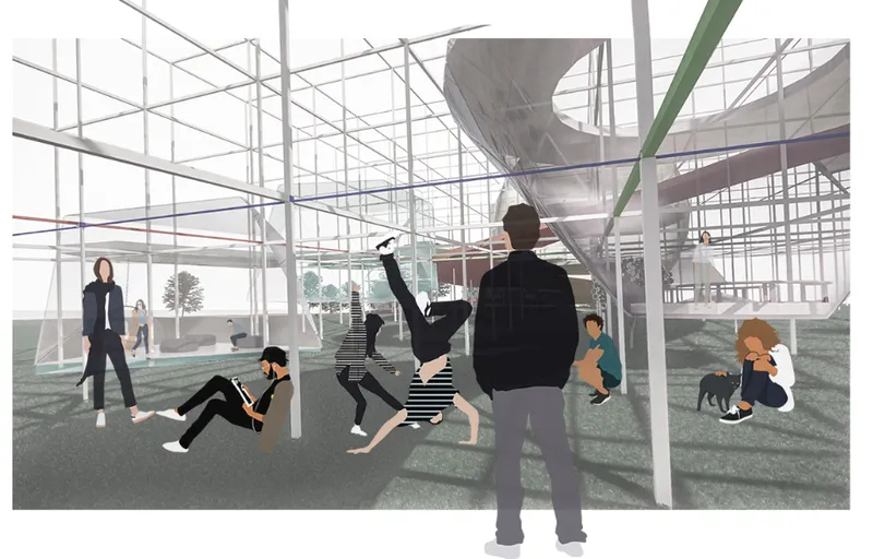 Interactive circulation pathway enabling movement, collaboration, and spatial adaptability in educational architecture