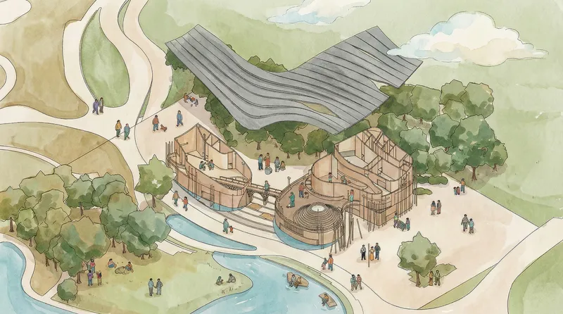 Watercolor rendering showing the curved roof over timber pavilions with visitors and landscaped waterways