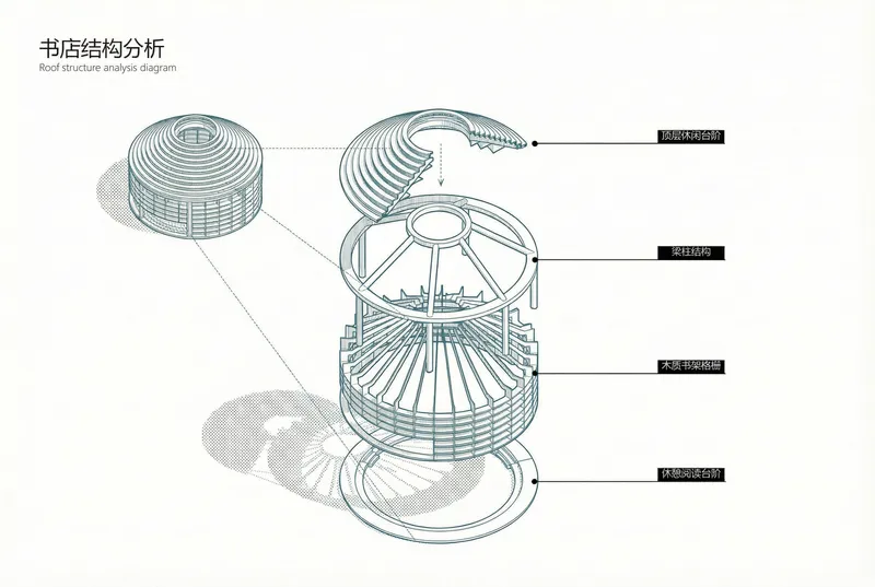 Axonometric diagram illustrating the layered roof structure with ribbed supports and circular base elements