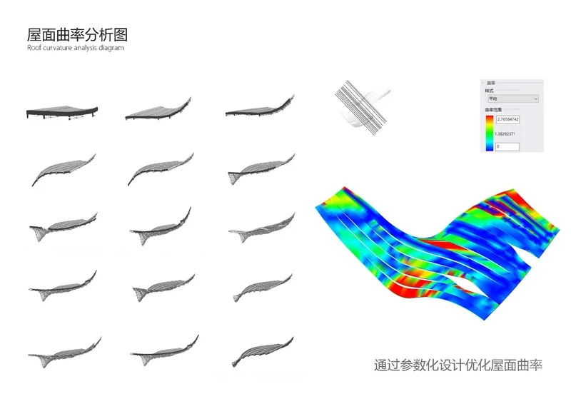 Roof curvature analysis diagram with color-coded stress map and parametric section variations