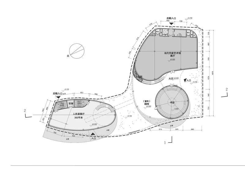 Site plan drawing showing three organic-shaped volumes connected by curved pathways with dimensioned annotations