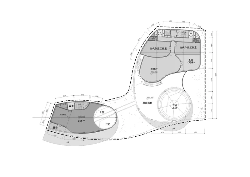 Floor plan drawing showing multiple organic-shaped volumes connected by circulation paths and site contours