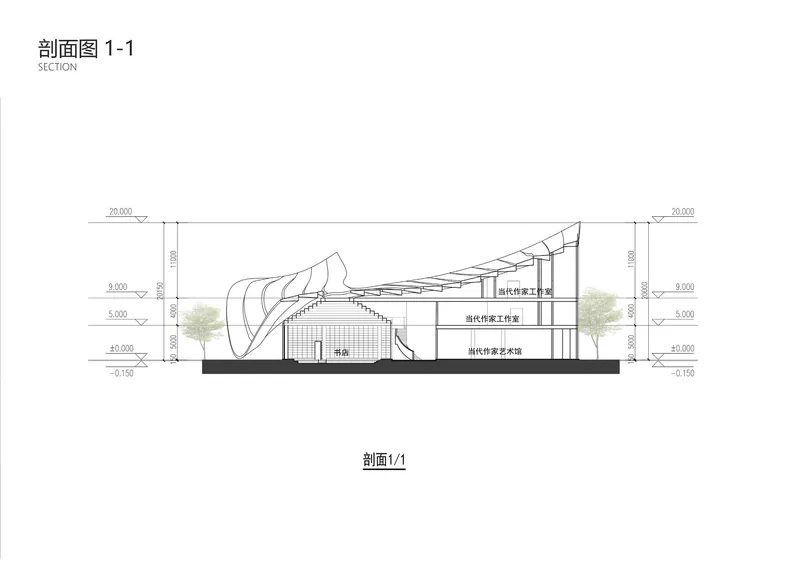 Section drawing revealing a flowing roof over multi-level interior spaces with adjacent trees