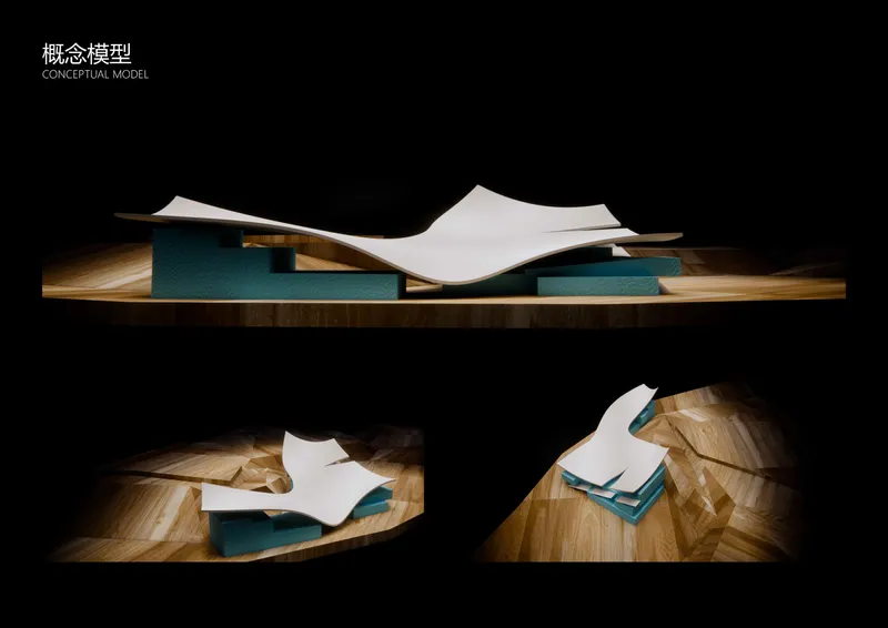 Three views of a physical model with undulating white roof over teal volumes on timber base