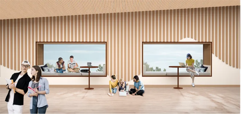 Amphitheatre-style learning space promoting engagement, interaction, and community within the school.