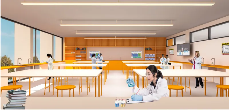 Bright, flexible science lab supporting hands-on learning and experimentation in a modern school design.