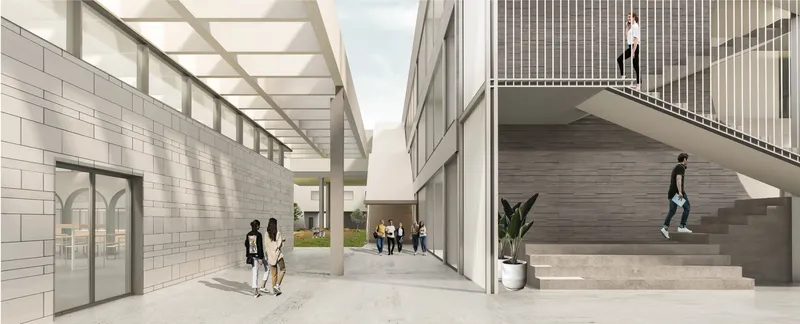 Transitional corridor connecting academic spaces with open circulation and visual continuity.