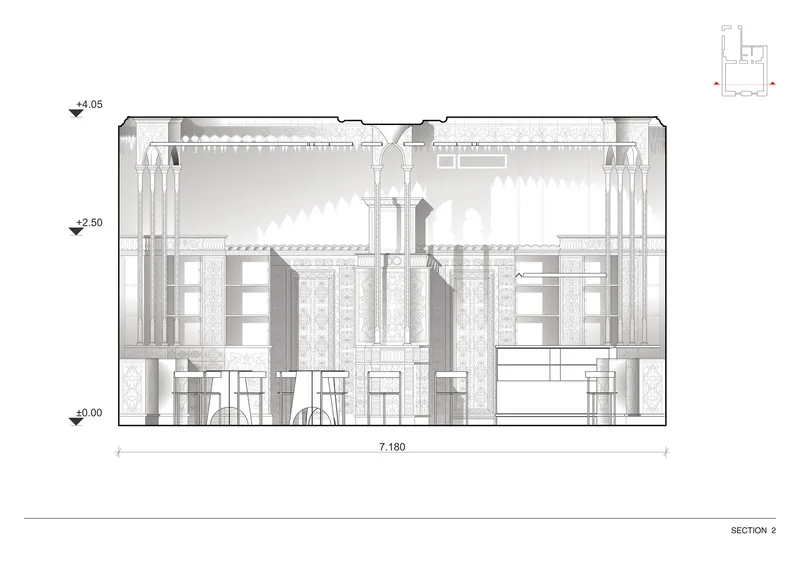 Section drawing revealing symmetrical interior with central ornamental portal and flanking shelving units