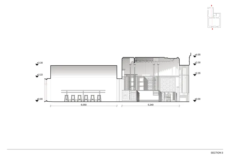 Section drawing displaying bar counter with stools on left and layered interior volumes on right