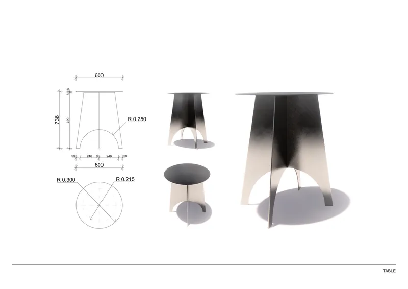Technical drawing and photographs showing a round table with curved metal base and circular stool on white surface