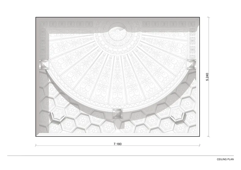 Ceiling plan drawing depicting radiating fan pattern with circular oculus and hexagonal tile surround