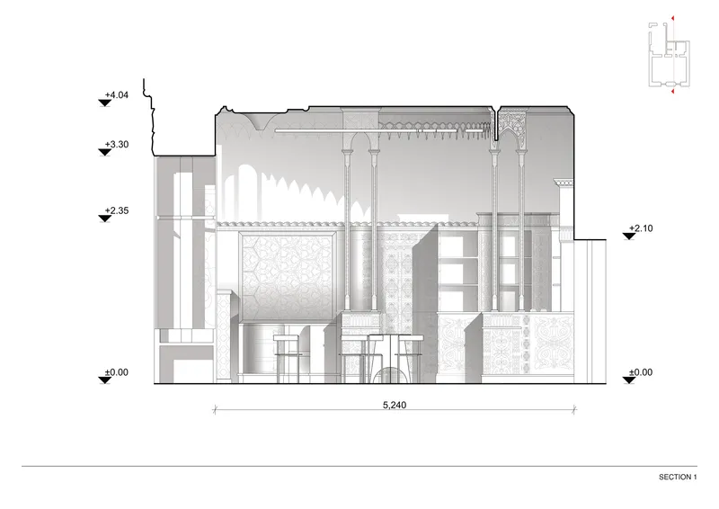 Section drawing showing double-height space with patterned screens, columns, and seating at bar height