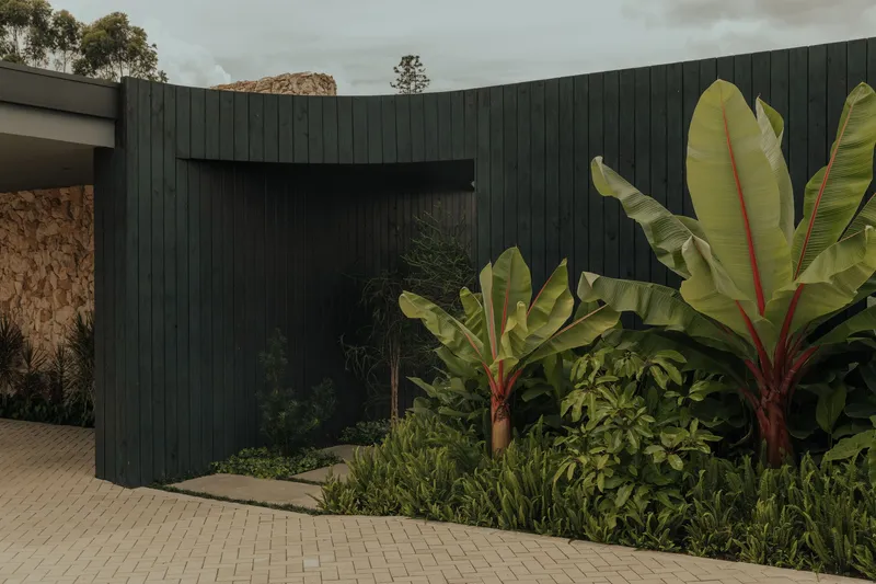 Dark vertical timber cladding on curved wall with paved entry path and tropical planting beds