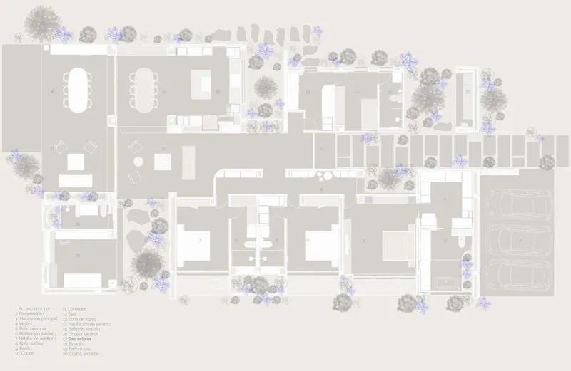 Site plan drawing showing residential layout with interior rooms and landscaped planting zones indicated throughout
