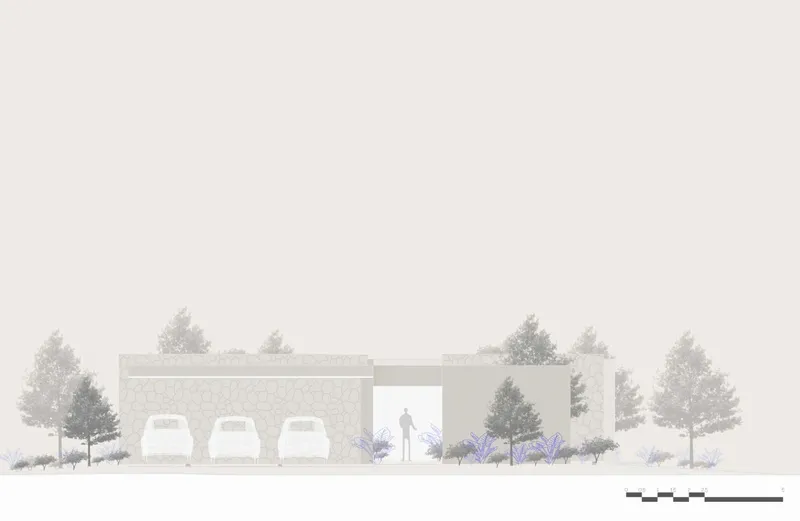 Elevation drawing depicting a horizontal structure with three garage doors and a central entrance framed by trees